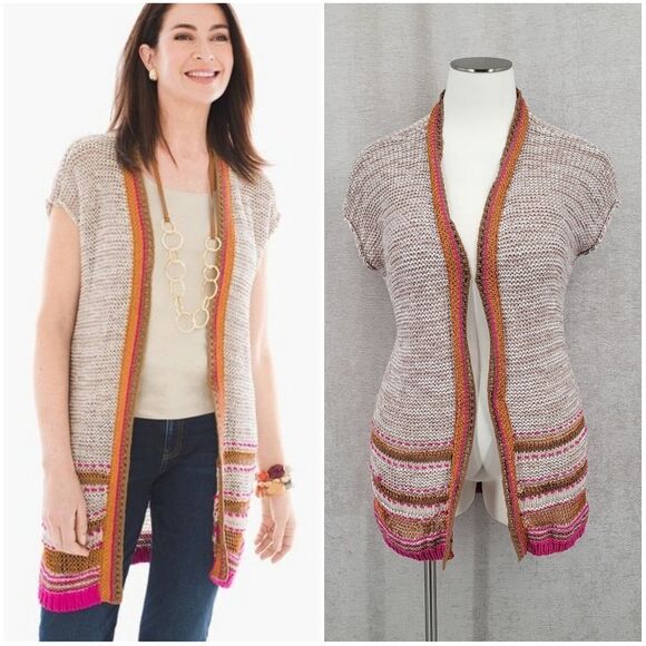 Chico's Color Pop Multicolor Knit Longline Cardigan Orange Pink Plus Size - Picture 2 of 16